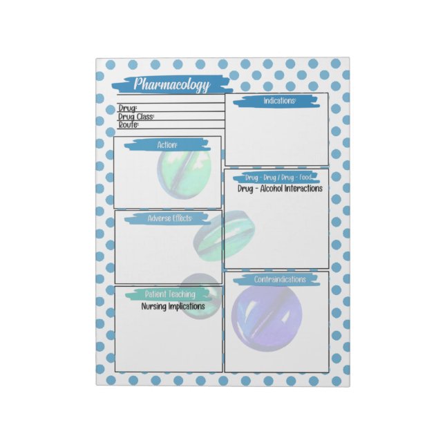 Blue Pill Healthcare Student Pharmacology Template Notepad (Rotated)