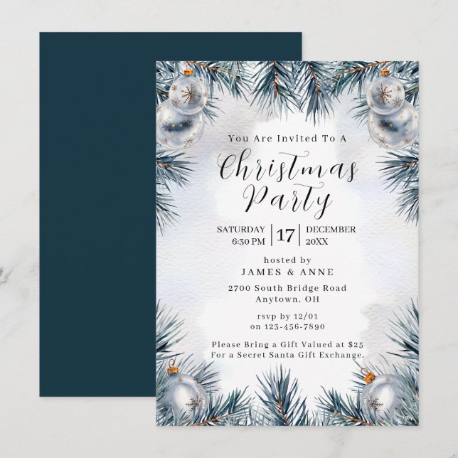 Blue Pine Christmas Party Invitation (Devant / Derrière)