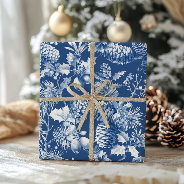  Blue Pine Cones and Branches Christmas Toile Wrapping Paper (Creator Uploaded)