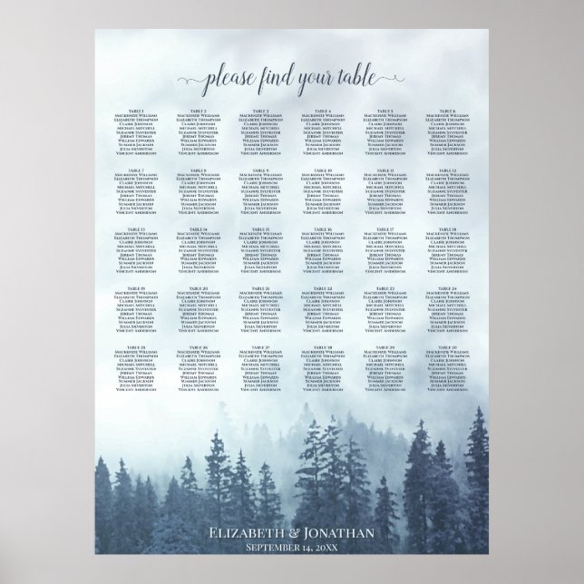 Blue Pine Forest 30 Table Wedding Seating Chart (Front)