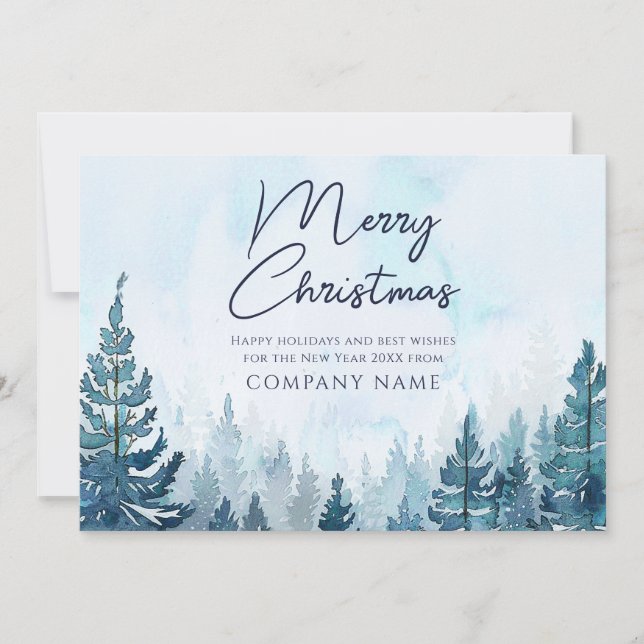 Blue Pine Forest Christmas Corporate Business Logo Holiday Card (Front)