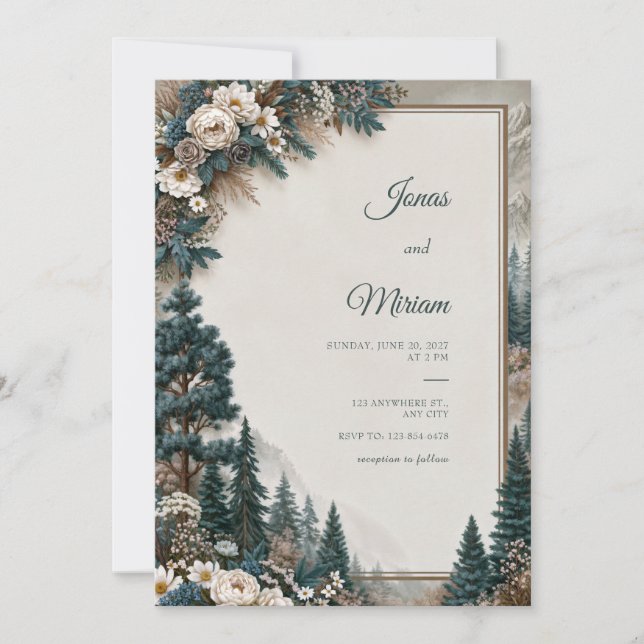 Blue Pine Rose Wedding Invitation (Front)