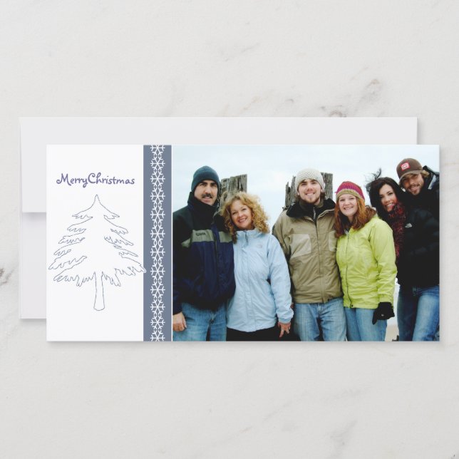 Blue Pine Tree and Snowflakes Merry Christmas Holiday Card (Front)