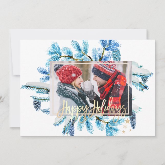 Blue Pine Tree Branches Photo Merry Christmas (Front)