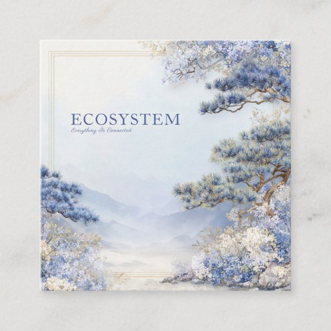 Blue Pine Tree Landscape Gold Frame Artistic Square Business Card (Front)