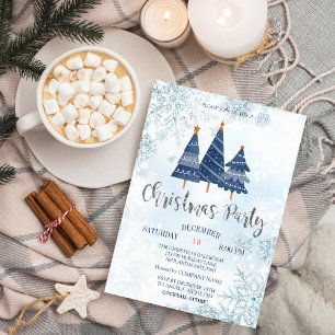 Blue Pine Trees Snowflakes Christmas Company Party Invitation