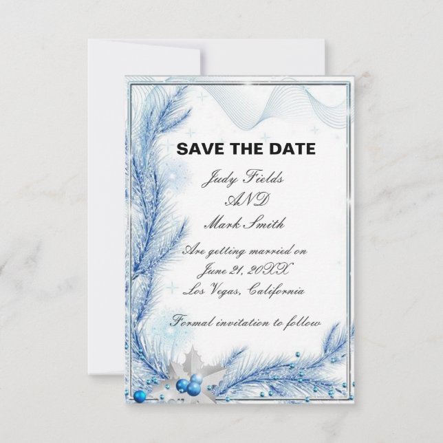 Blue Pine Winter Christmas Save The Date Card (Front)