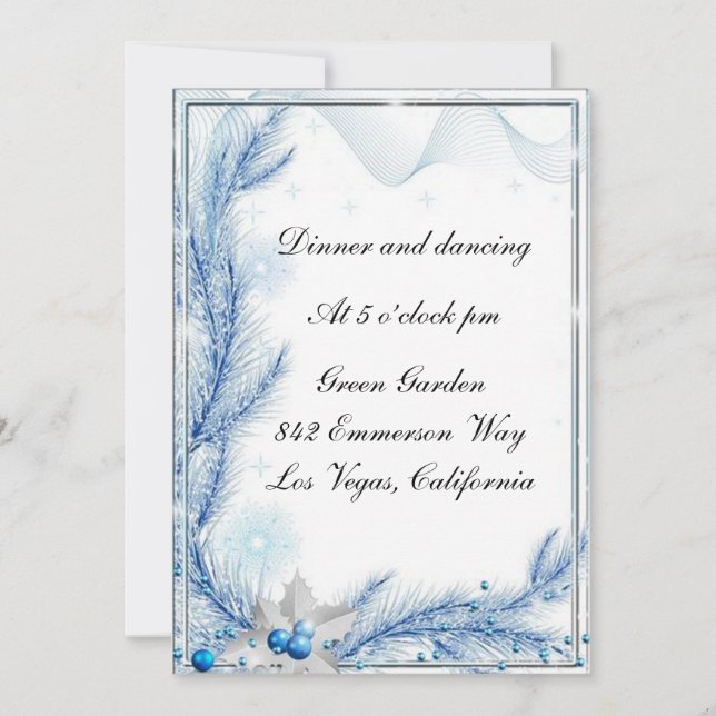 Blue Pine Winter Christmas Wedding Reception Card (Front)