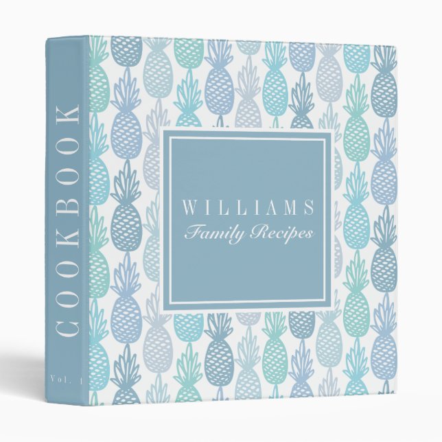 Blue Pineapple Pattern Family Recipe Cookbook Binder (Front/Spine)