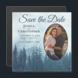Blue Pines Rustic Oval Photo Wedding Save the Date Magnetic Invitation<br><div class="desc">These beautiful magnetic save the date cards are the perfect way to let your friends and family know about your upcoming wedding. They feature a rustic watercolor design with a mountain of blue pine trees shrouded in mist or fog. The caption reads Save the Date with space for your names,...</div>