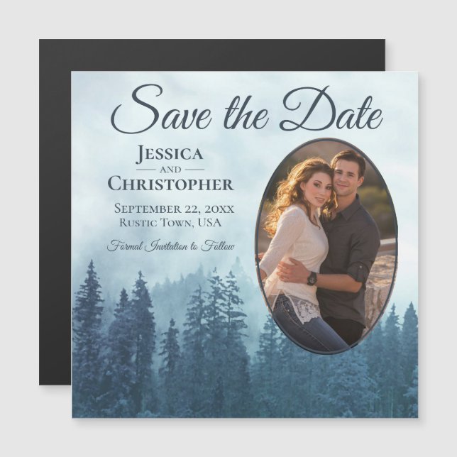 Blue Pines Rustic Oval Photo Wedding Save the Date Magnetic Invitation (Front/Back)