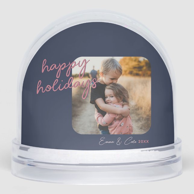 Blue Pink 1-Photo Happy Holidays Script Snowglobe (Front)