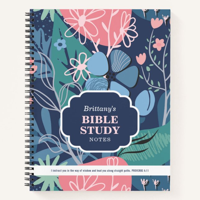 Blue Pink Abstract Floral Personalized Bible Study Notebook (Front)