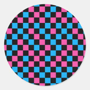 Blue Pink And Black Chequered Pattern Classic Round Sticker