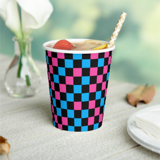 Blue Pink And Black Chequered Pattern Paper Cups