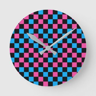 Blue Pink And Black Chequered Pattern Round Clock