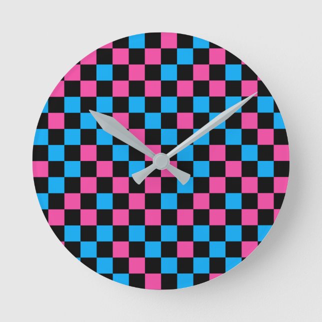 Blue Pink And Black Chequered Pattern  Round Clock (Front)