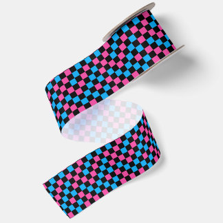 Blue Pink And Black Chequered Pattern Satin Ribbon