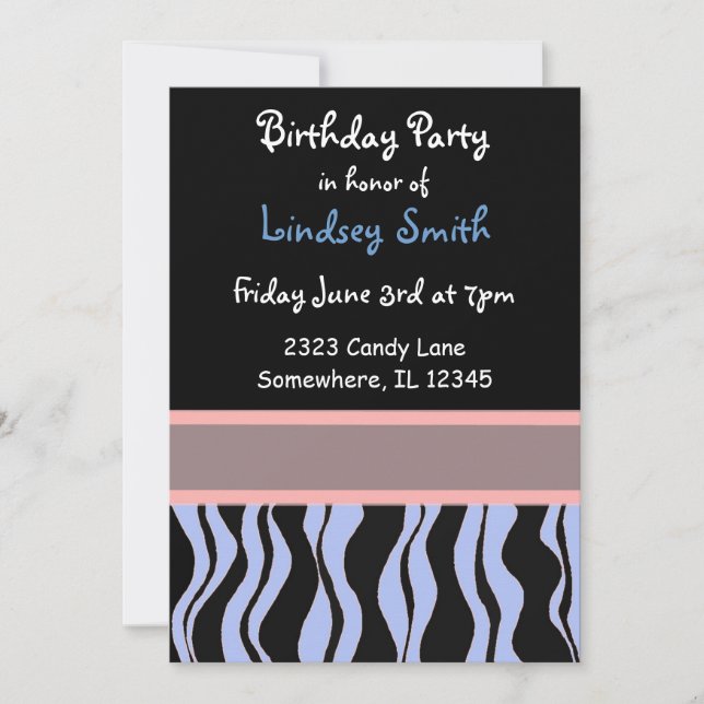 Blue, Pink and Black Zebra Birthday Invitation (Front)
