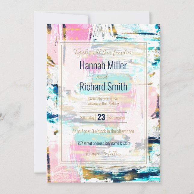 Blue Pink and Gold Brush Painting Invitation (Front)