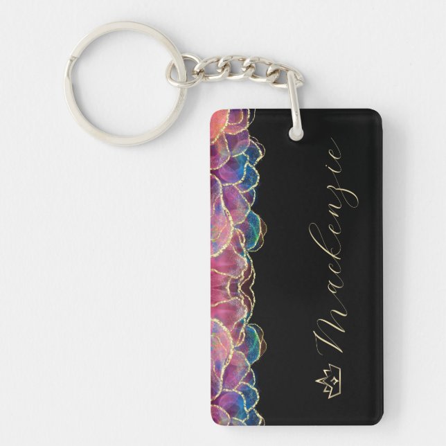Blue, Pink, and Gold Elegant Script Personalized Keychain (Front)