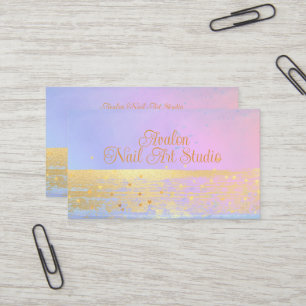 Blue Pink and Gold Watercolor Nail Art Studio  Business Card
