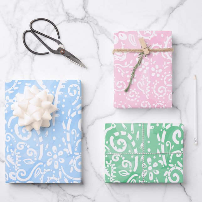 Blue, Pink and Green Pastel Paisley Wrapping Paper (Front)