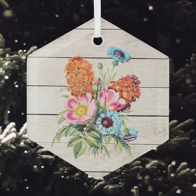 Blue Pink and Orange Bouquet on Rustic Faux Wood  Glass Ornament (Creator Uploaded)