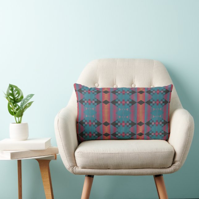 Blue pink and orange geometric abstract lumbar pillow (Chair)