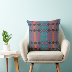 Blue pink and orange geometric abstract throw pillow