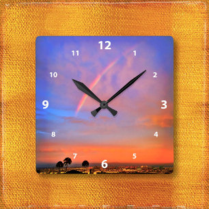 Blue pink and orange sky rainbow sunrise photo square wall clock