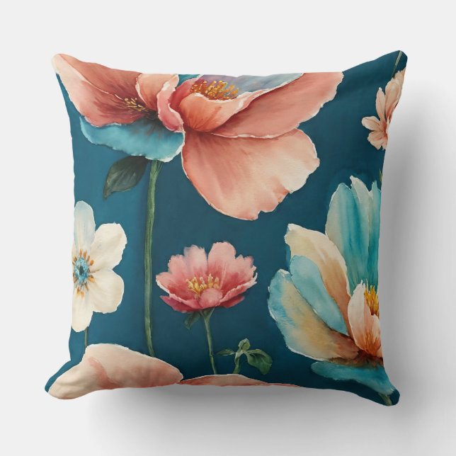 Blue, Pink and Peach Flowers Throw Pillow (Front)
