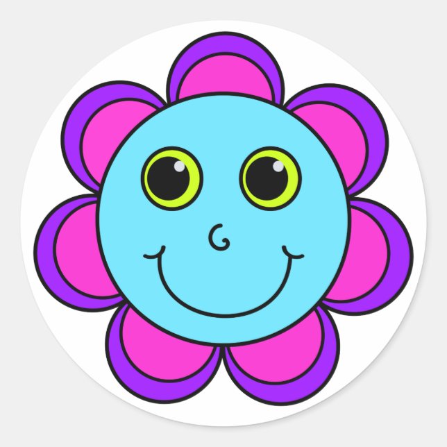 Blue Pink and Purple Flower Face Classic Round Sticker (Front)