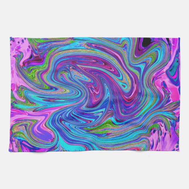 Blue, Pink and Purple Groovy Abstract Retro Art Kitchen Towel (Horizontal)