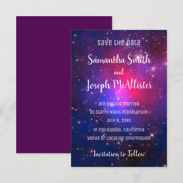 Blue Pink and Purple Space Image Save the Date Invitation (Front/Back)