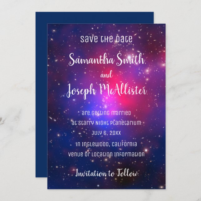 Blue Pink and Purple Space Image Save the Date Invitation (Front/Back)