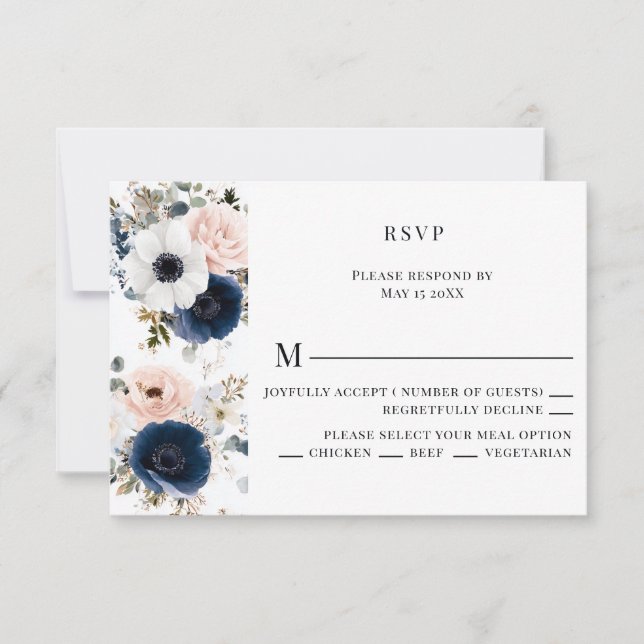 Blue, Pink and White Anemone Wreath Wedding RSVP Card (Front)