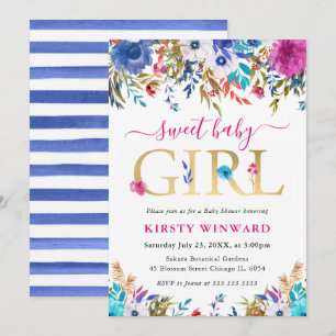Blue, Pink and White Summer Flowers Baby Shower Invitation