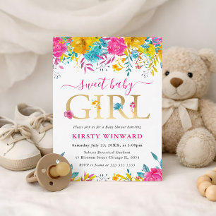 Blue, Pink and Yellow Summer Flowers Baby Shower Invitation
