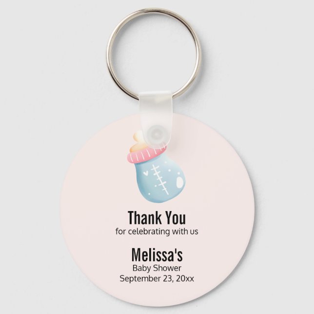 Blue & Pink Baby Bottle Cute Baby Shower Thanks Keychain (Front)