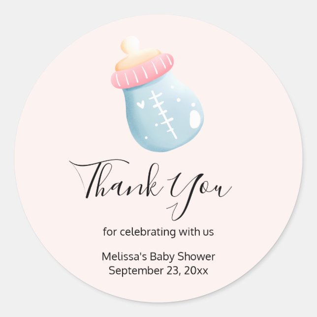 Blue & Pink Baby Bottle Cute Thank You Classic Round Sticker (Front)