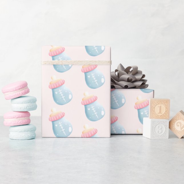 Blue & Pink Baby Bottle Cute Wrapping Paper (Baby Shower)