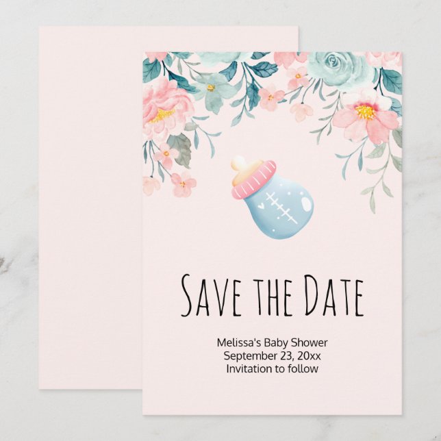 Blue & Pink Baby Bottle with Flower Border Save The Date (Front/Back)