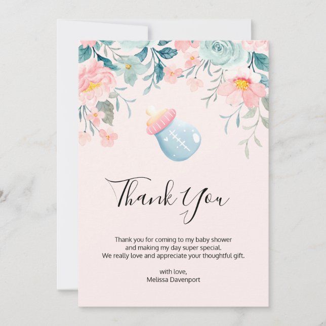 Blue & Pink Baby Bottle with Flower Border Thank You Card (Front)