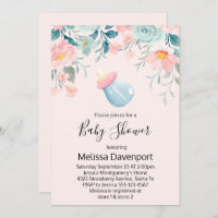 Blue & Pink Baby Bottle with Flowers Baby Shower