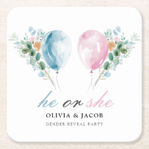 Blue Pink Balloons Gender Reveal Party Square Paper Coaster