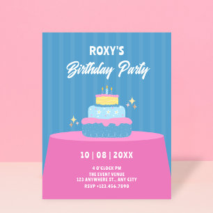 Blue pink Birthday cake Invitation