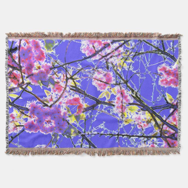 Blue pink black abstract floral design throw blanket (Front)