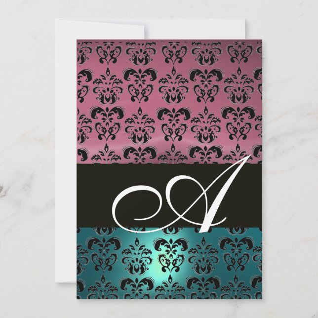BLUE PINK BLACK  DAMASK MONOGRAM ,bright white Invitation (Front)