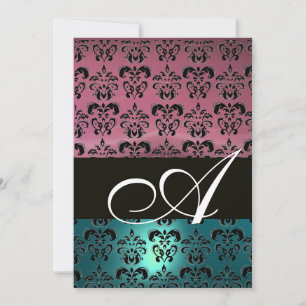 BLUE PINK BLACK  DAMASK MONOGRAM ,bright white Invitation